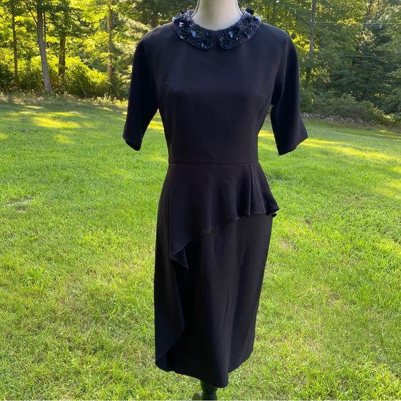 TERI JON DRESS SHEATH BLACK SHORT SLEEVE BEADED COLLAR ASYMMETRICAL PEPLUM  Sz 6